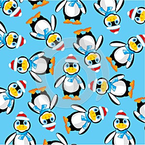 Penguins on turn blue background