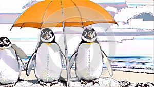 Penguins Under Sunshade on Beach