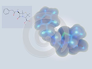 Penicillin molecule, structural formula and 3d structure photo