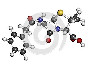 Penicillin G benzylpenicillin antibiotic drug molecule. Used to treat bacterial infections; belongs to beta-lactam class.