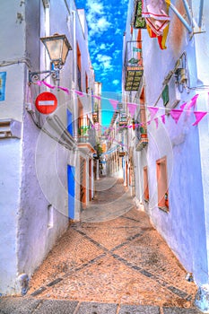 Peniscola Casco Antiguo old town street in the historic Spanish town of Peniscola, Spain