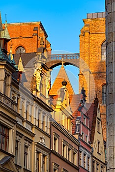 Penitents Bridge of St. Mary Magdalene`s Church, Wroclaw at sunset, Poland