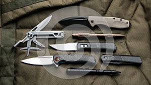 Penknives, multi-tools and tactical pens. Folding pocket knives on a khaki back