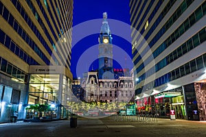 Penn Center and City Hall at night, in Philadelphia, Pennsylvania