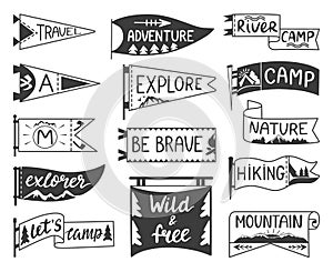 Pennant with adventures phrases. Hiking, travel on nature or camping hand drawn prints design. Decorative travellers