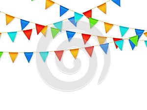 Pennant flag garland. Birthday party fiesta carnival decoration. Garlands with color flags 3d vector illustration