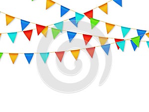Pennant flag garland. Birthday party fiesta carnival decoration. Garlands with color flags 3d vector illustration photo