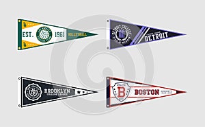 Pennant flag set for college volleyball, baseball, basketball or soccer team. New York, Boston, Los Angeles and Detroit