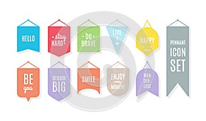 Pennant icon set with motivational quotes. Vector illustration, flat design