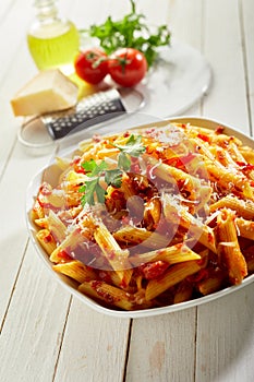 Penne arrabiata served for lunch