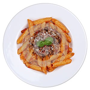 Penne Bolognese or Bolognaise sauce noodles pasta meal isolated