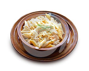 Penne with chicken breast and cheese on a clay bowl