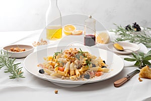 Penne pasta with bottarga and rosemary. Italian Food