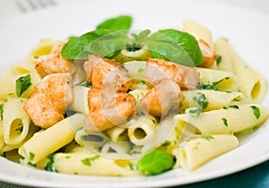 Penne pasta with chicken breast and pesto sauce