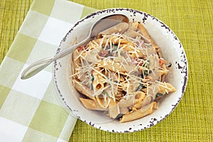 Penne Pasta Gluten Free Dinner In Rustic Bowl With Napkin
