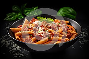 Penne pasta with tomato sauce, parmesan cheese and basil.