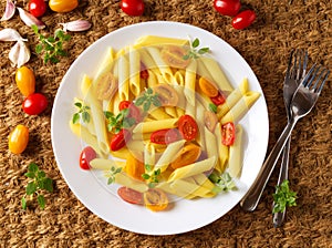 Penne pasta with yellow and red tomatoes decorated with basil on sisal mat background, low-calorie diet food, top view