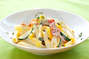 Penne with sauce carbonara photo