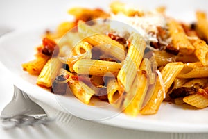 Penne with tomatoes,pancetta and parmesan