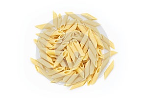 Pennette rigate. Raw pasta on white background. Top view