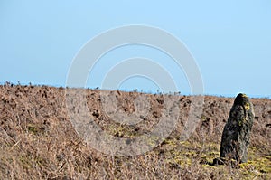 Pennine landscape with large ancient standing stone on midgley moor in west yorkshire