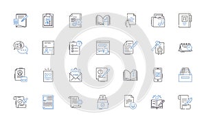 Penning line icons collection. Writing, Authoring, Composing, Drafting, Scribbling, Inscribing, Jotting vector and