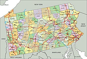 Pennsylvania - detailed editable political map with labeling.