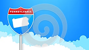 Pennsylvania map on road sign. Welcome to State of Pennsylvania. Vector illustration.