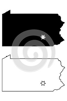 Pennsylvania PA state Map USA with Capital City Star at Harrisburg. Black silhouette and outline isolated on a white background.