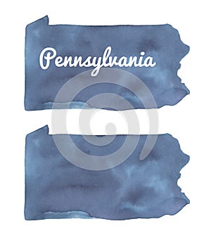 Pennsylvania State Map Shape set in dark navy blue color with artistic brush strokes and stains.