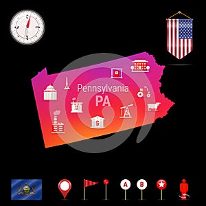 Pennsylvania Vector Map, Night View. Compass Icon, Map Navigation Elements. Pennant Flag of the USA. Industries Icons