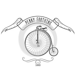 Penny-farthing bicycle vintage emblem, retro bike with large front wheel of 1890s