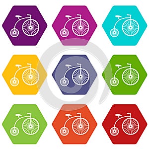 Penny-farthing icon set color hexahedron