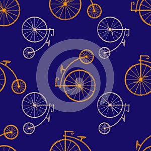 Penny-farthing icon white isolated on green background. antique old bicycle with big wheels. Seamless pattern