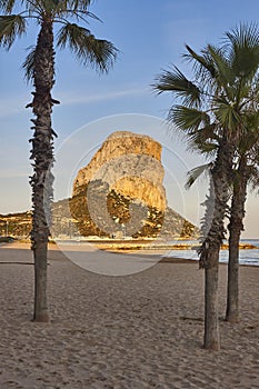 Penon de ifach and mediterranean beach at sunset. Alicante, Valencia