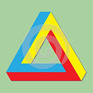 Penrose impossible triangle in blue, red and yellow