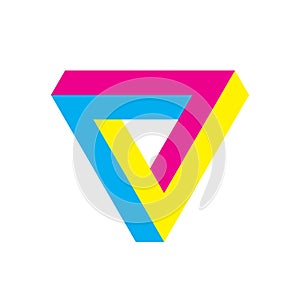 Penrose triangle icon in CMY colors. Geometric 3D object optical illusion. Vector illustration. Printing studio theme