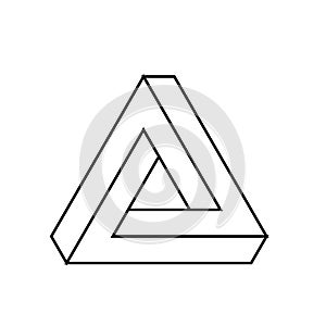 Penrose triangle icon. Geometric 3D object optical illusion. Black outline vector illustration