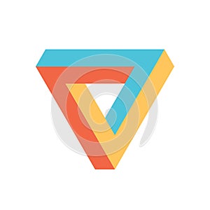 Penrose triangle icon in three colors. Geometric 3D object optical illusion. Vector illustration