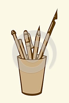 Pens and pencils in a glass. Vector drawing