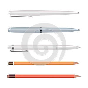 Pens and pencils isolated on white background, ballpoint pen, lead orange dot pencil with red rubber eraser, flat style