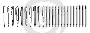 Pens and pencils set. Outline writing supplies on white background. Vector illustration