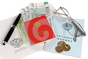 Pension documents, money, envelope, pen and glasses isolated on