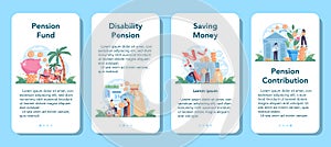 Pension fund mobile application banner set. Saving money for retirement