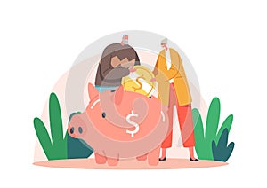 Pension Fund Savings, Elderly Man and Woman Characters Put Coin to Piggy Bank Rejoice to Get Superannuation