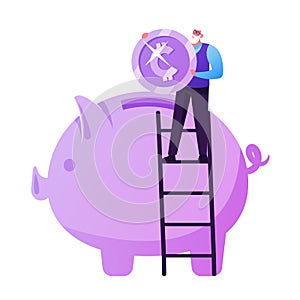 Pension Fund Savings, Insurance. Tiny Elderly Man Stand on Ladder Put Huge Coin to Piggy Bank