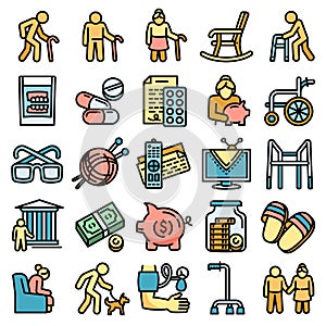 Pension icons set, outline style