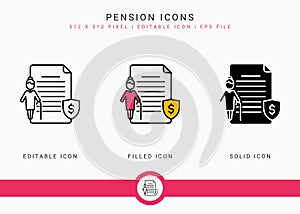 Pension icons set vector illustration with solid icon line style. Retirement fund plan concept.