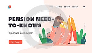 Pension Need-to-knows Landing Page Template. Elderly Characters Put Coin to Piggy Bank Rejoice to Get Profit, Savings