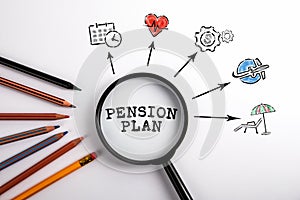 PENSION PLAN. Black magnifying glass on a white background